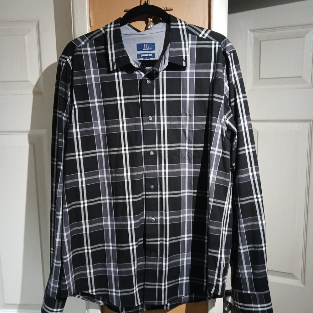 GEORGE Men's Plaid Button Down Long Sleeve Classic Fit Black/White Shirt. Size L